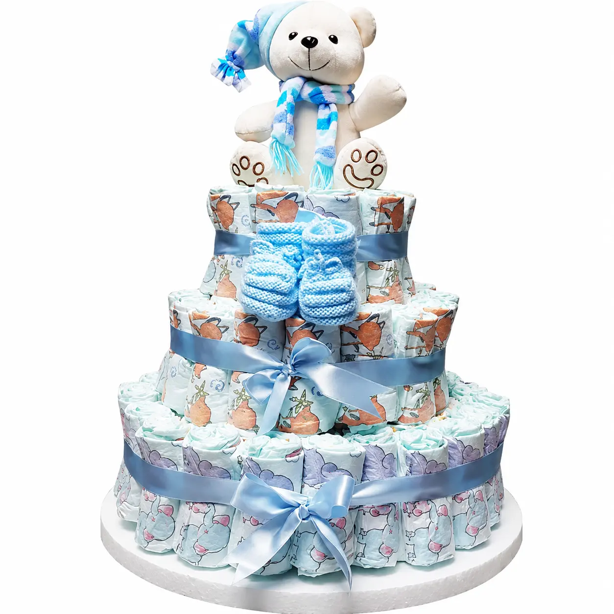 Torta de pañales para niño ideal para baby shower o regalo para clínicas y hospitales elegante y útil con delivery en Lima